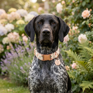 German Shorthaired Pointer wearing a rose floral print personalized name dog collar