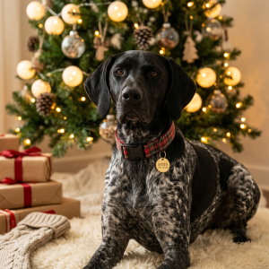 German Shorthaired Pointer wearing a red and green tartan plaid holiday dog collar
