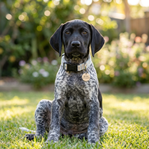 German Shorthaired Pointer puppy wearing a patterned personalized name dog collar