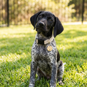 German Shorthaired Pointer puppy wearing an oatmeal adjustable starter dog collar
