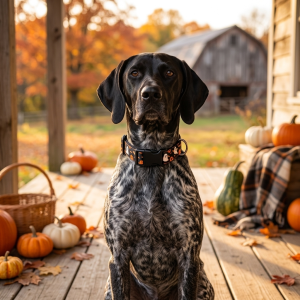 German Shorthaired Pointer wearing a Halloween spooky print dog collar