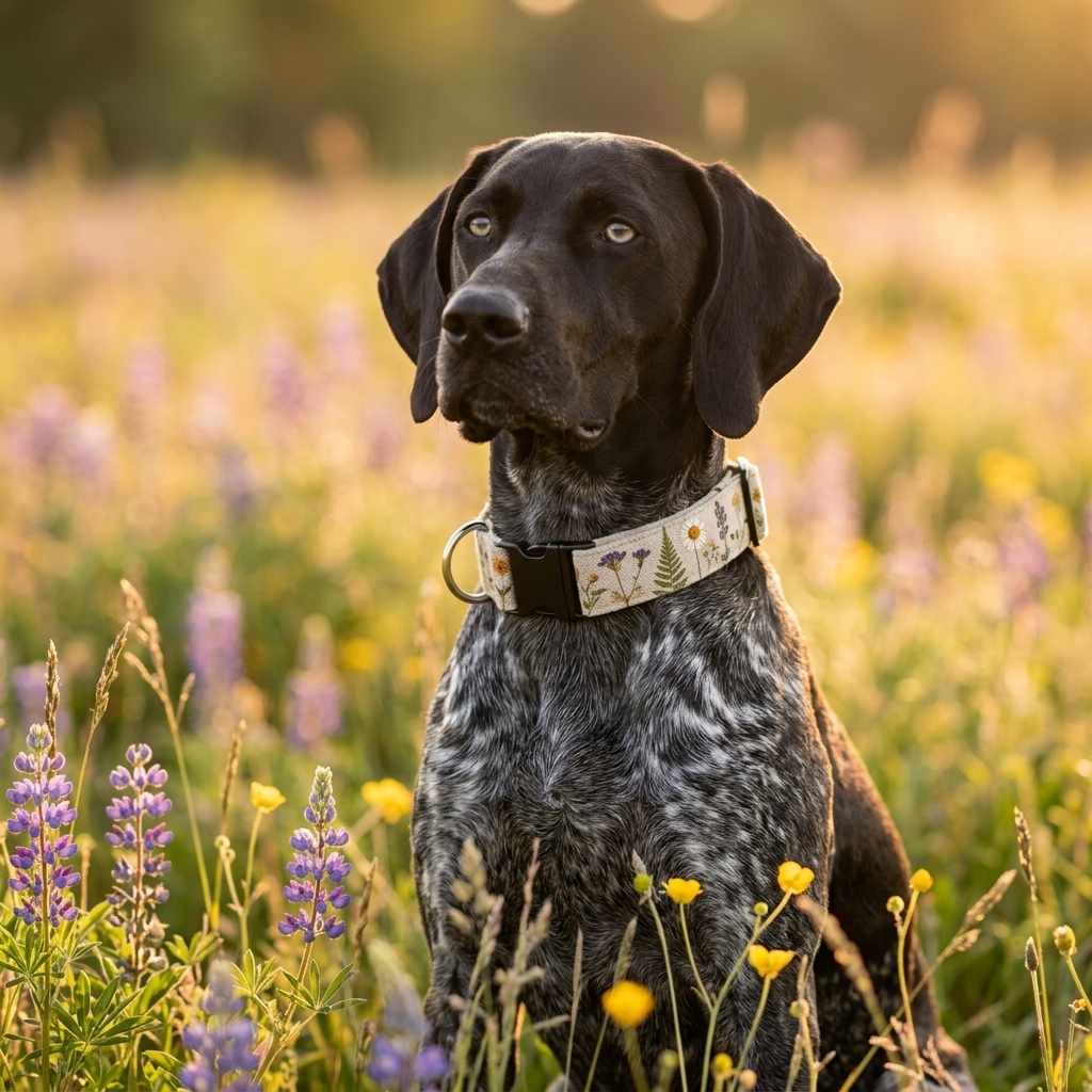 German Shorthaired Pointer wearing a wildflower botanical print dog collar